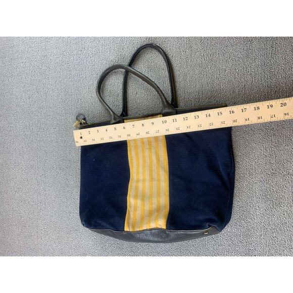 Tory Burch Tote Bag Women Navy Canvas Leather Trim Center Stripe Logo Patch - Picture 5 of 12